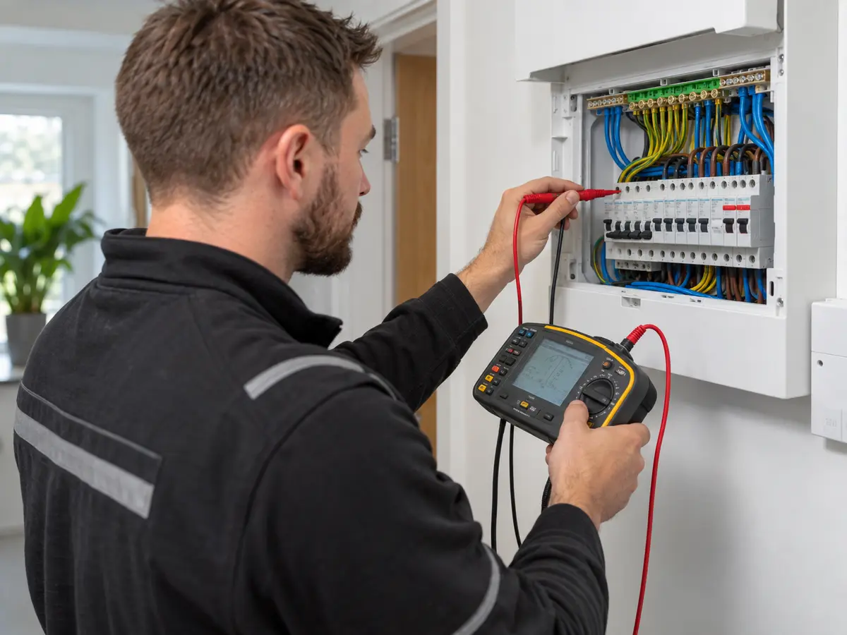 Electrician testing a consumer unit with a multifunction tester