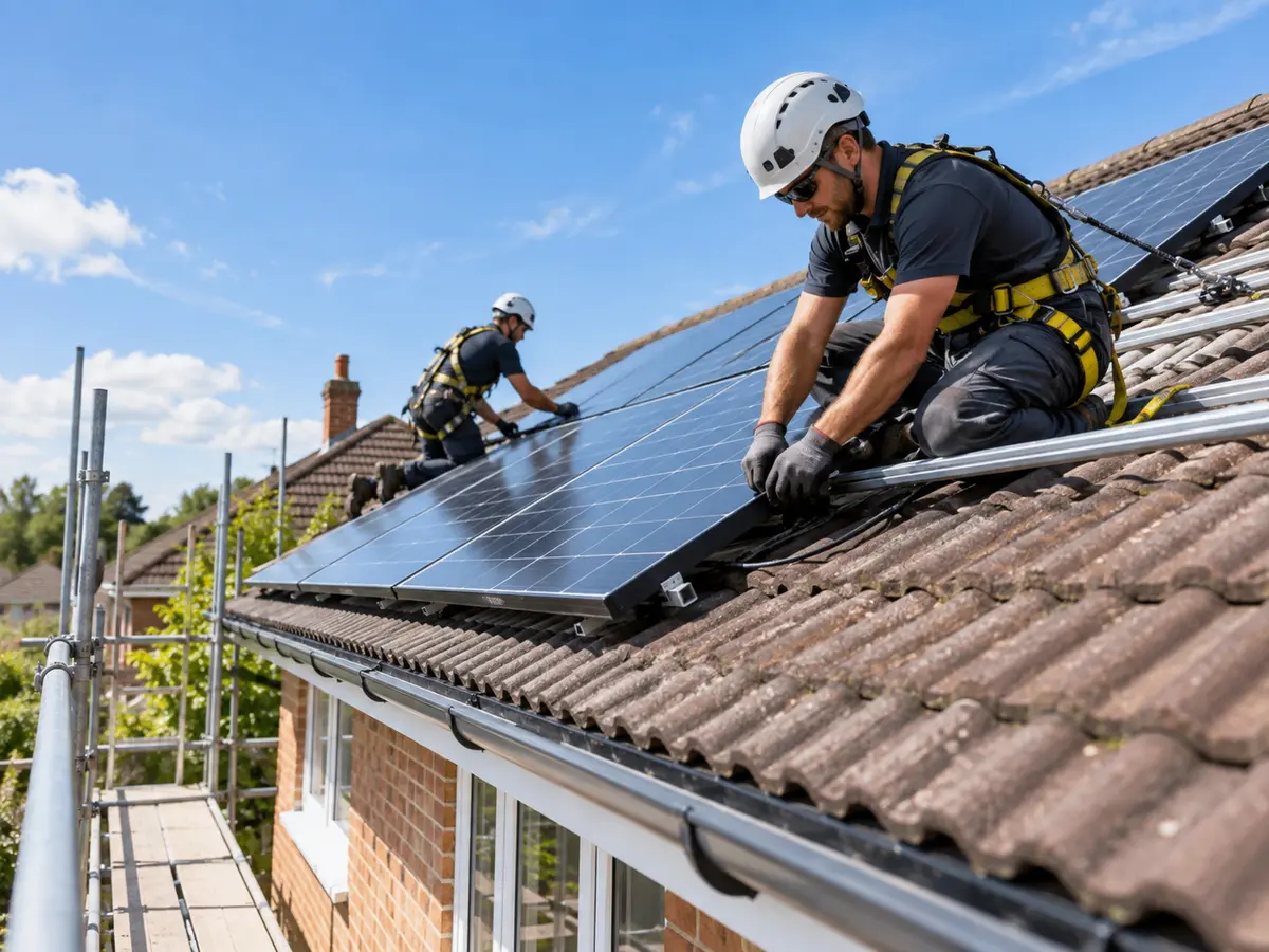 Electricians installing solar panels on a tiled roof